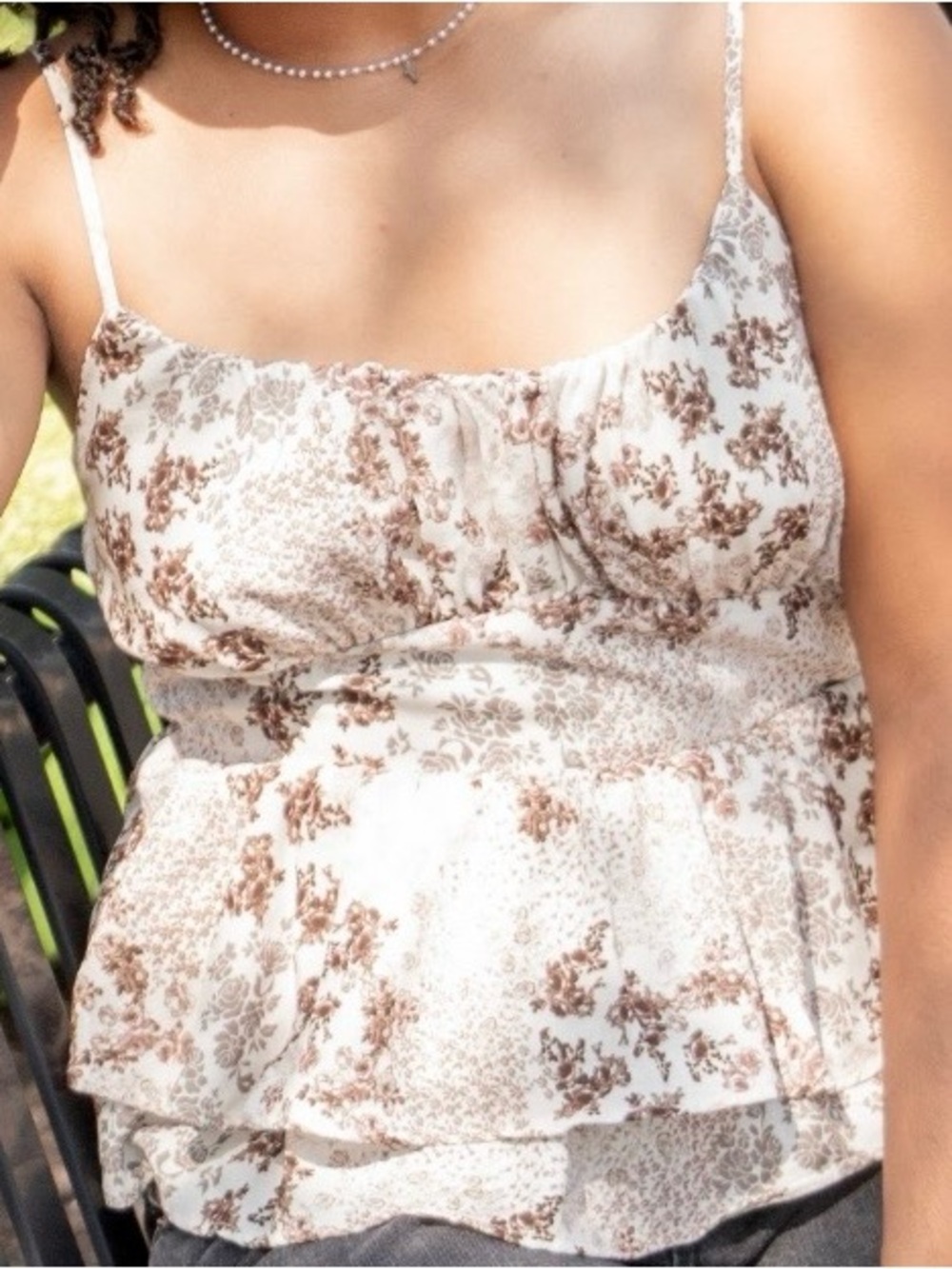 Dry Goods Cream & Brown Floral Tiered Spaghetti Strap Top